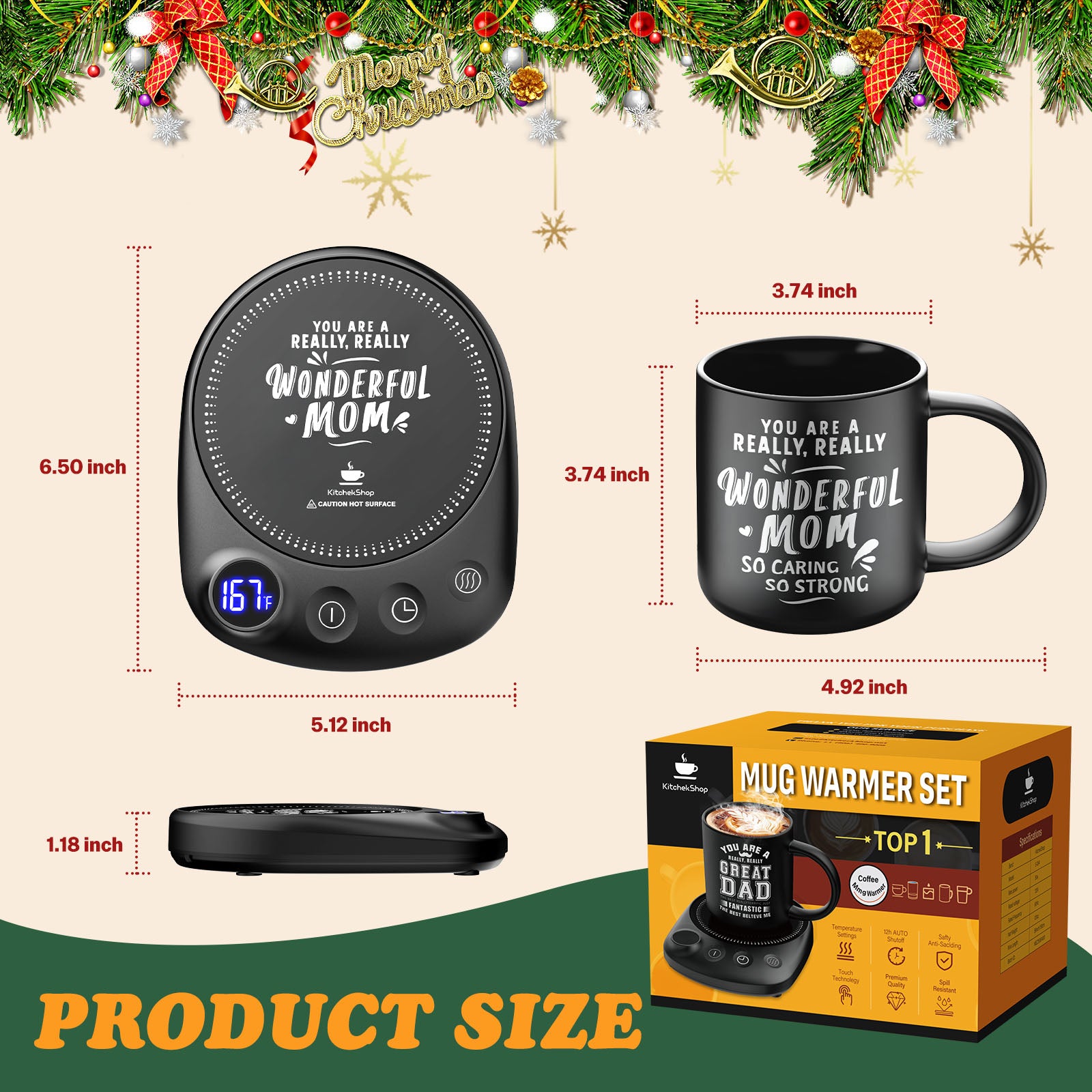 Electric Beverage Warmer Set with Adjustable Temperature, Auto Shutoff, and Elegant Coaster – Perfect Gift for Dad, Mom, and Seniors for Christmas, Birthdays, or Family Occasions