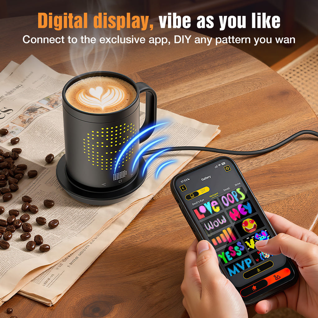 NeoHeatLab Smart Heated Coffee Mug with Pixel LED Display, Temperature Control 120°F–160°F, Rechargeable Self Heating Mug with Bluetooth App, Custom Text &amp; Music Visualizer, Creative Gift for Home &amp; Office