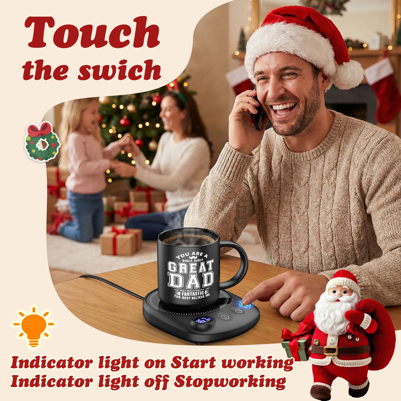 Perfect Christmas Gift: Mug Warmer Set with Adjustable Temperature & Auto Shutoff – Ideal for Coffee, Tea & Hot Chocolate Lovers, Perfect for Dad, Mom, Seniors, and Family Gifts 🎁☕
