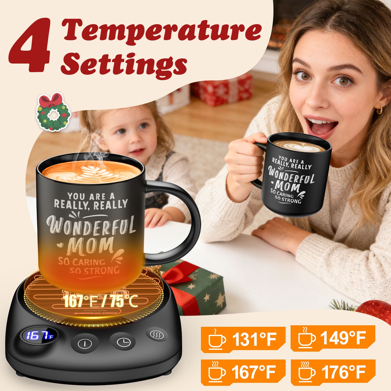 Electric Beverage Warmer Set with Adjustable Temperature, Auto Shutoff, and Elegant Coaster – Perfect Gift for Dad, Mom, and Seniors for Christmas, Birthdays, or Family Occasions