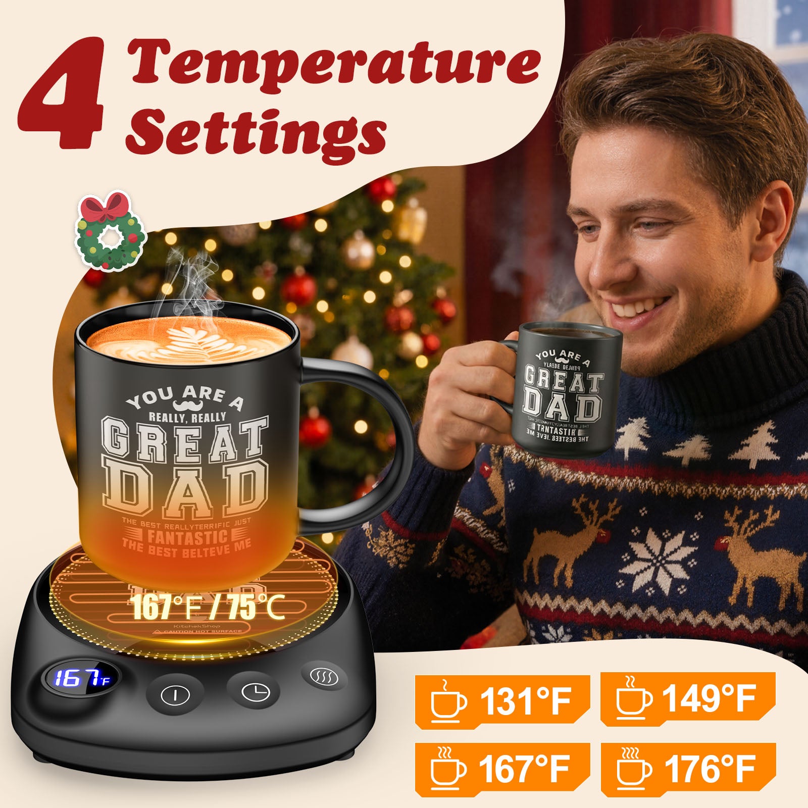 Perfect Christmas Gift: Mug Warmer Set with Adjustable Temperature & Auto Shutoff – Ideal for Coffee, Tea & Hot Chocolate Lovers, Perfect for Dad, Mom, Seniors, and Family Gifts 🎁☕
