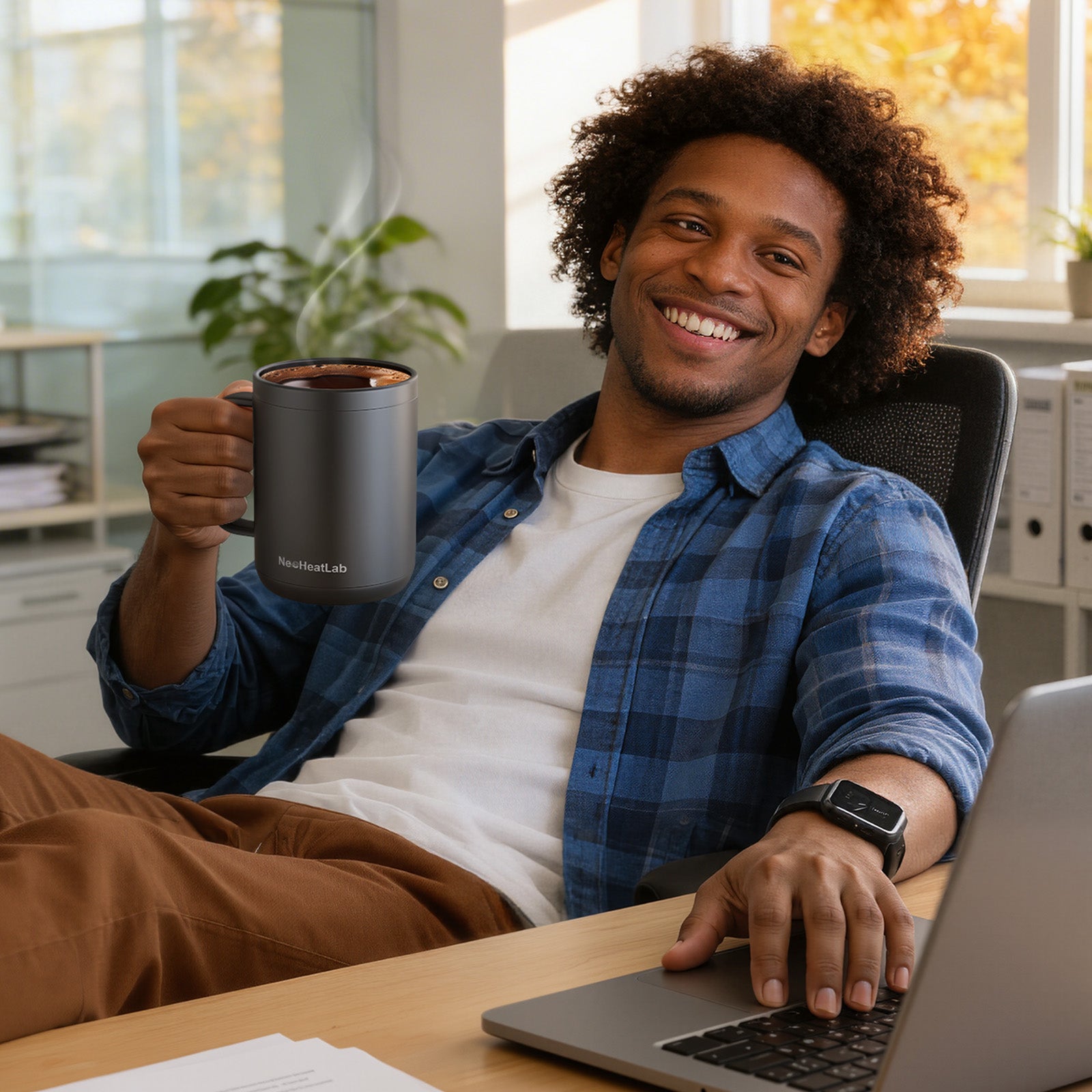 NeoHeatLab Smart Heated Coffee Mug with Pixel LED Display, Temperature Control 120°F–160°F, Rechargeable Self Heating Mug with Bluetooth App, Custom Text &amp; Music Visualizer, Creative Gift for Home &amp; Office