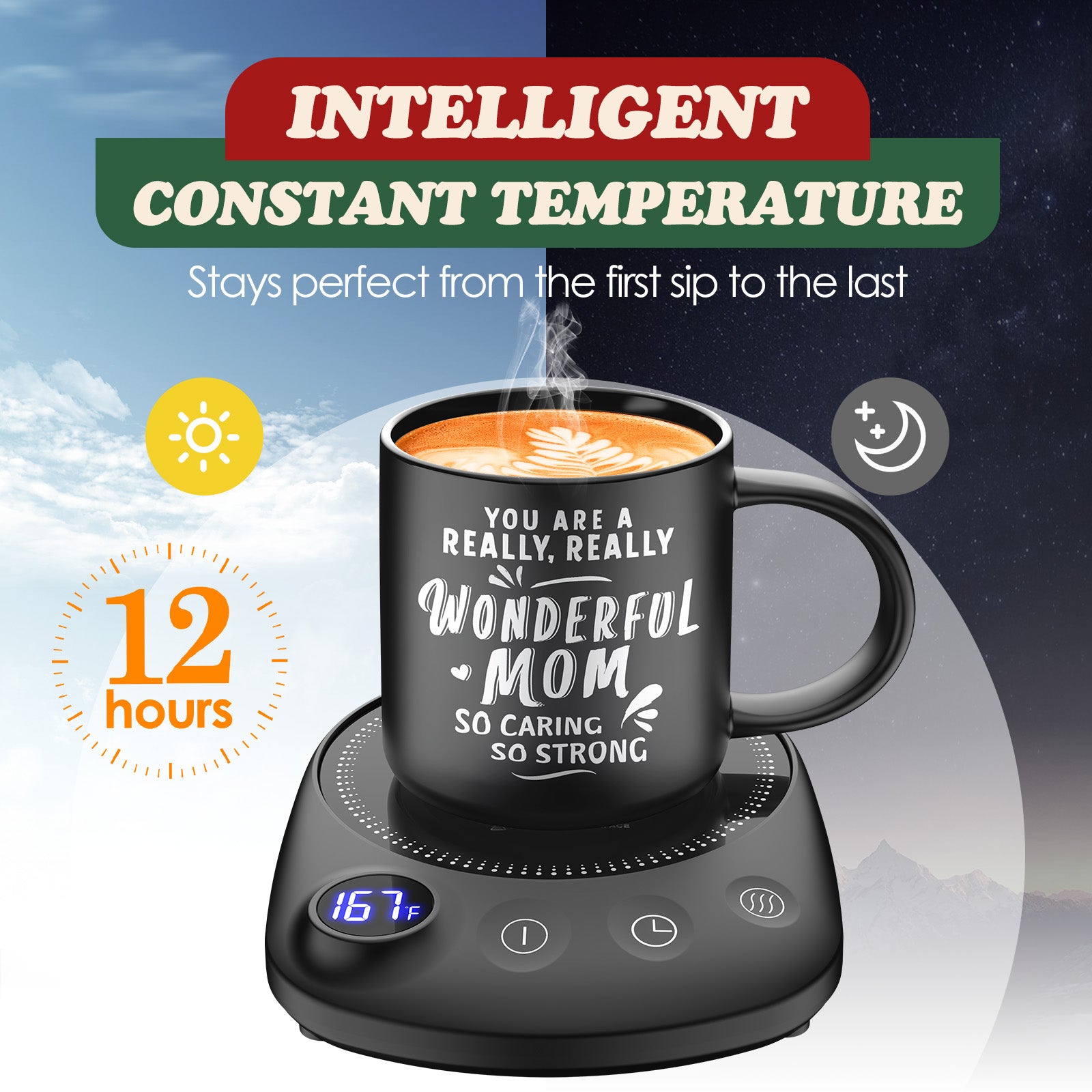 Electric Beverage Warmer Set with Adjustable Temperature, Auto Shutoff, and Elegant Coaster – Perfect Gift for Dad, Mom, and Seniors for Christmas, Birthdays, or Family Occasions