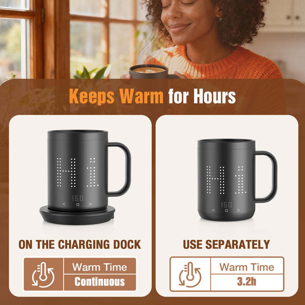 NeoHeatLab Smart Heated Coffee Mug with Pixel LED Display, Temperature Control 120°F–160°F, Rechargeable Self Heating Mug with Bluetooth App, Custom Text &amp; Music Visualizer, Creative Gift for Home &amp; Office