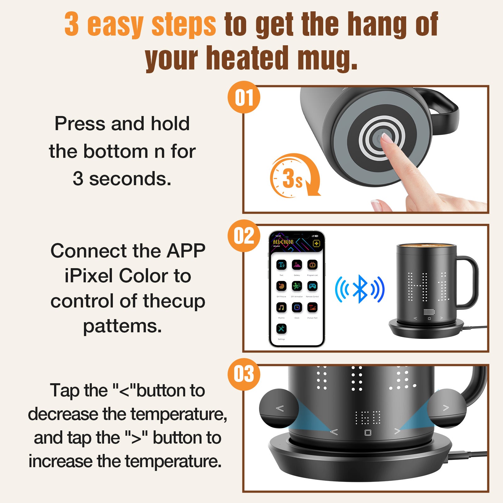 NeoHeatLab Smart Heated Coffee Mug with Pixel LED Display, Temperature Control 120°F–160°F, Rechargeable Self Heating Mug with Bluetooth App, Custom Text &amp; Music Visualizer, Creative Gift for Home &amp; Office