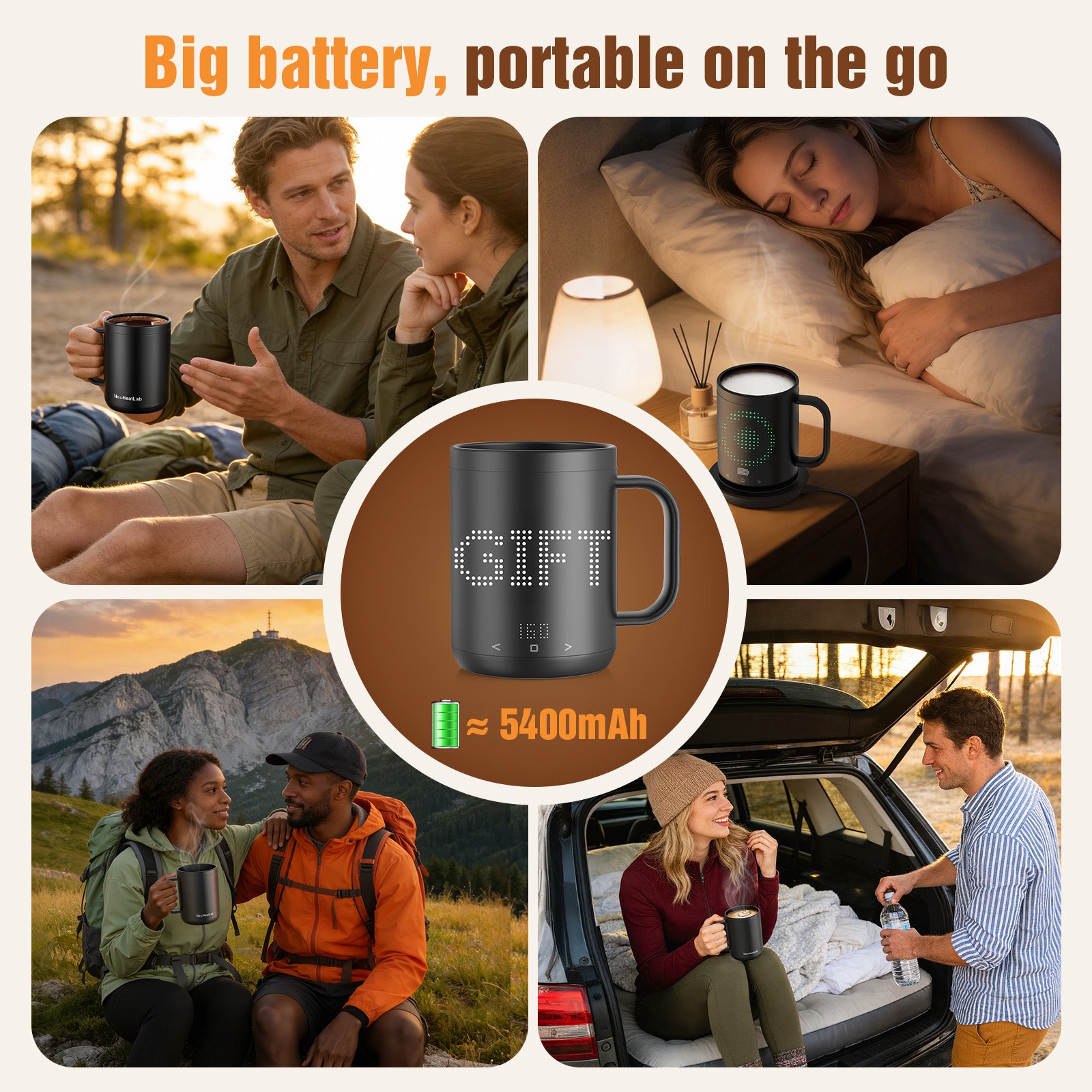 NeoHeatLab Smart Heated Coffee Mug with Pixel LED Display, Temperature Control 120°F–160°F, Rechargeable Self Heating Mug with Bluetooth App, Custom Text &amp; Music Visualizer, Creative Gift for Home &amp; Office