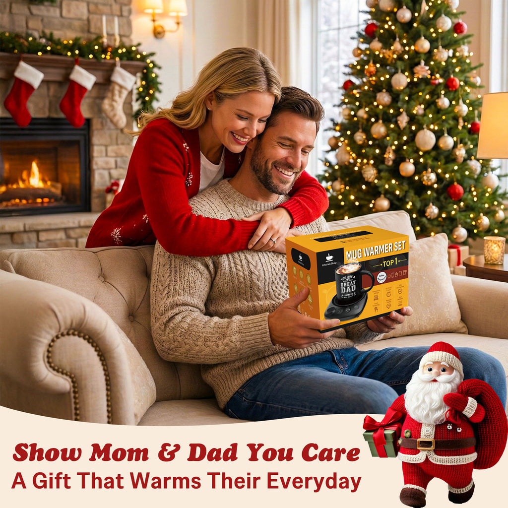Perfect Christmas Gift: Mug Warmer Set with Adjustable Temperature & Auto Shutoff – Ideal for Coffee, Tea & Hot Chocolate Lovers, Perfect for Dad, Mom, Seniors, and Family Gifts 🎁☕