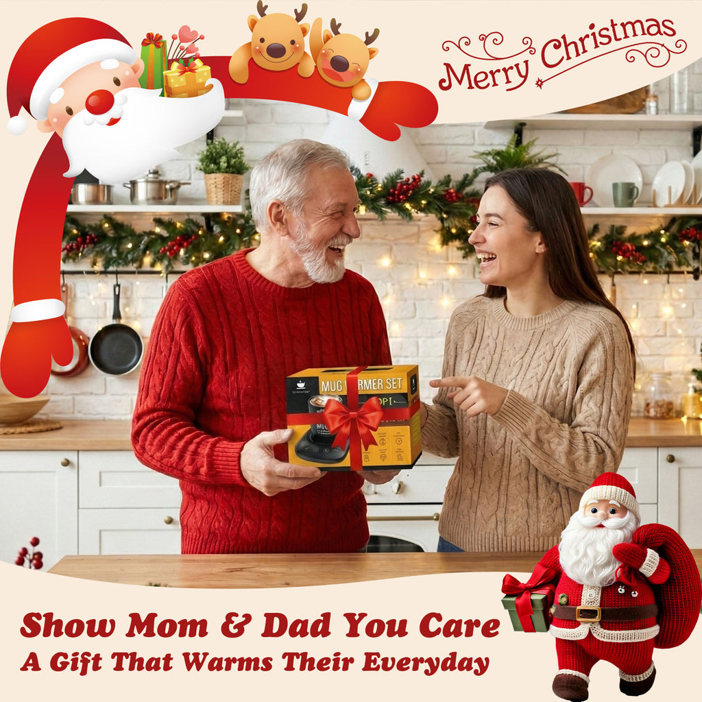 Perfect Christmas Gift: Mug Warmer Set with Adjustable Temperature & Auto Shutoff – Ideal for Coffee, Tea & Hot Chocolate Lovers, Perfect for Dad, Mom, Seniors, and Family Gifts 🎁☕