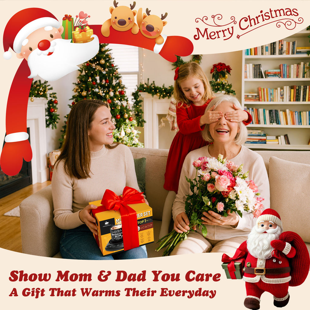 Electric Beverage Warmer Set with Adjustable Temperature, Auto Shutoff, and Elegant Coaster – Perfect Gift for Dad, Mom, and Seniors for Christmas, Birthdays, or Family Occasions