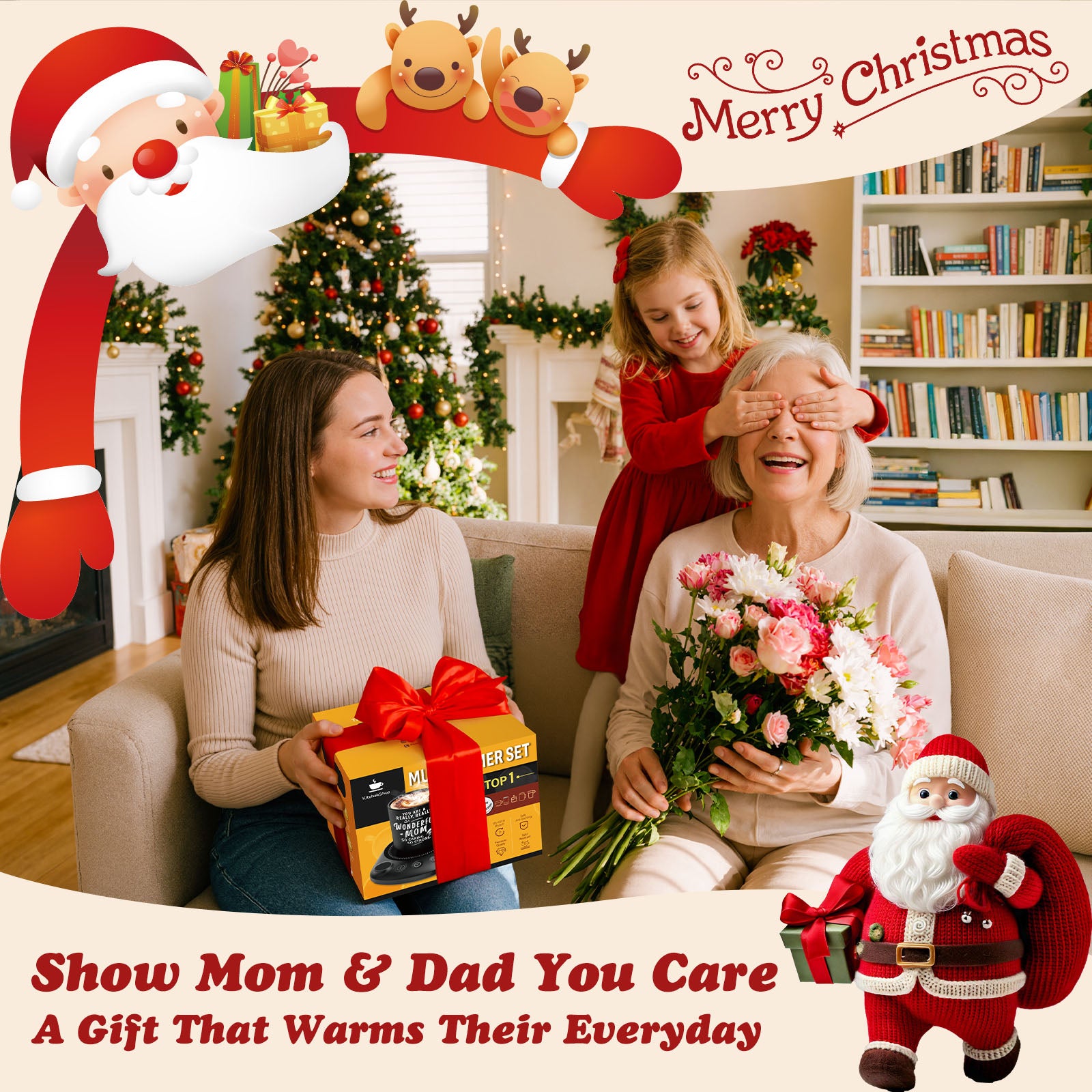 Electric Beverage Warmer Set with Adjustable Temperature, Auto Shutoff, and Elegant Coaster – Perfect Gift for Dad, Mom, and Seniors for Christmas, Birthdays, or Family Occasions