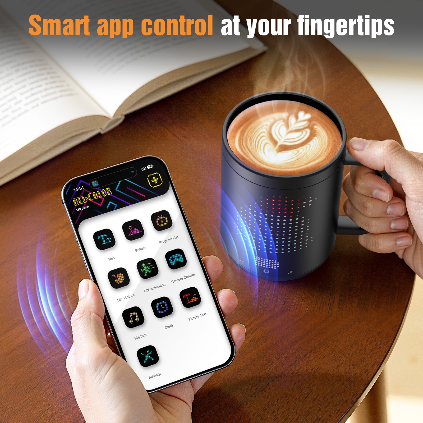 NeoHeatLab Smart Heated Coffee Mug with Pixel LED Display, Temperature Control 120°F–160°F, Rechargeable Self Heating Mug with Bluetooth App, Custom Text &amp; Music Visualizer, Creative Gift for Home &amp; Office