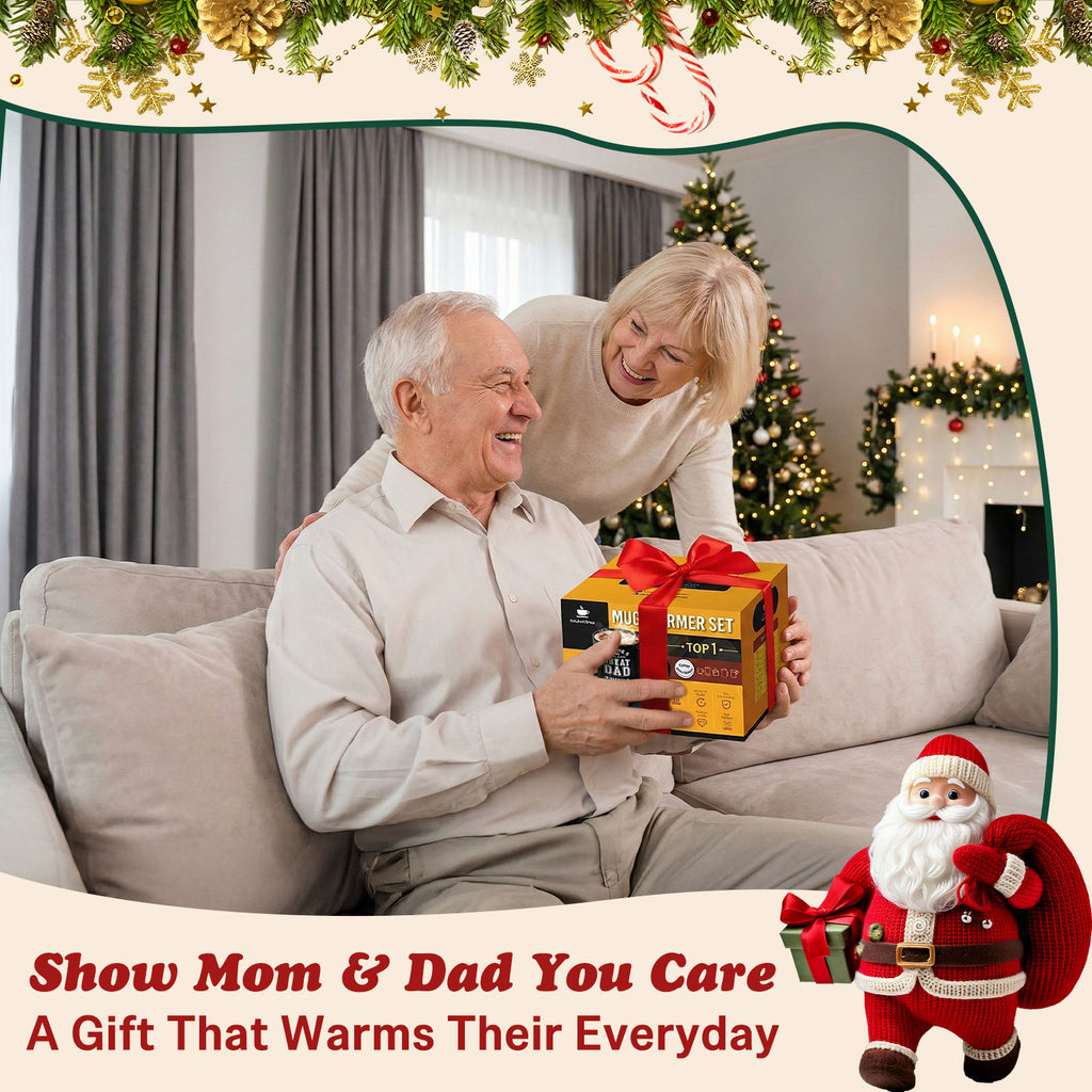 Perfect Christmas Gift: Mug Warmer Set with Adjustable Temperature & Auto Shutoff – Ideal for Coffee, Tea & Hot Chocolate Lovers, Perfect for Dad, Mom, Seniors, and Family Gifts 🎁☕